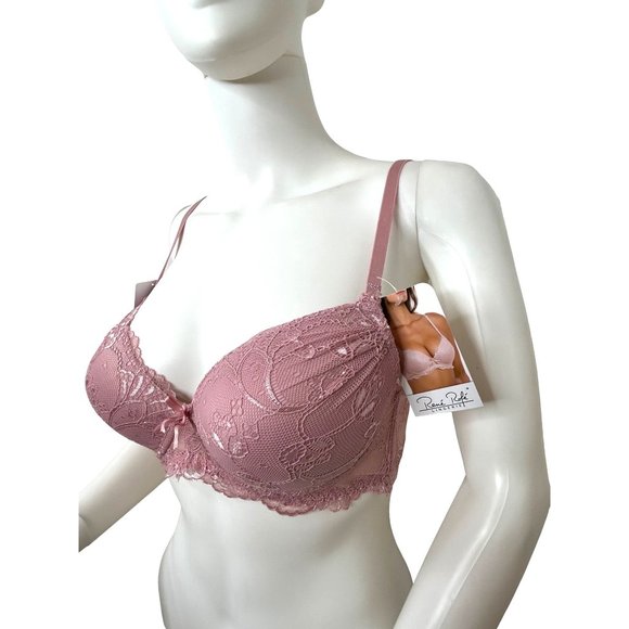 Rene Rofe Pink Push-Up Bra 36C Padded Cups Lace Overlay Adjustable,  Ribbon Bow - Picture 3 of 16